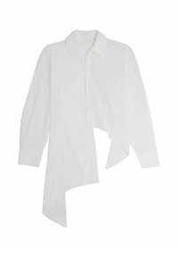 Weißes Langarmshirt aus leichtem Stoff, mit klassischem Kragen und asymmetrischem, geschwungenem Saum, Knopfverschluss vorne und Puffärmeln.