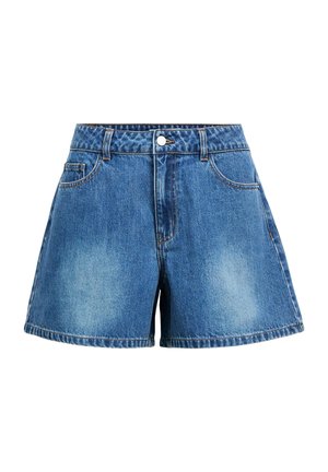 Shorts en denim bleu avec bouton et fermeture éclair à l'avant, passants pour ceinture et poches avant, présentant des zones légèrement décolorées sur les cuisses.
