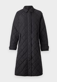 Black quilted coat featuring a collar, long sleeves, side pockets, and a knee-length design with a straight cut and visible stitching pattern.