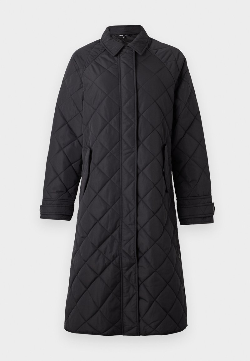 Zwarte doorgestikte jas met een kraag, lange mouwen, zijzakken en een knie-lange snit met een rechte vorm en zichtbare stikselpatronen.