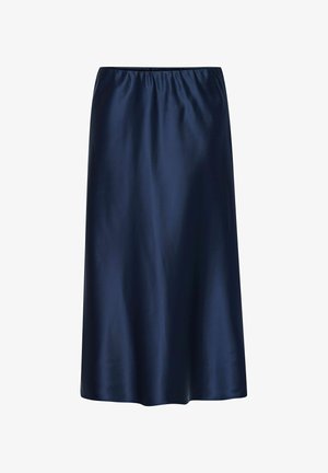 Marinefarbener Satin-Midrock mit elastischem Bund, glatter Textur und geradem Schnitt, der ein einfaches, einfarbiges Design ohne zusätzliche Verzierungen aufweist.