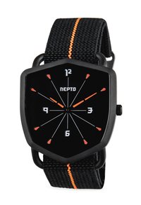 Sort sekskantet ur med sort urskive, hvide og orange timemarkeringspunkter, samt en stofrem med en orange stribe. Modelnavn: NEPTO.