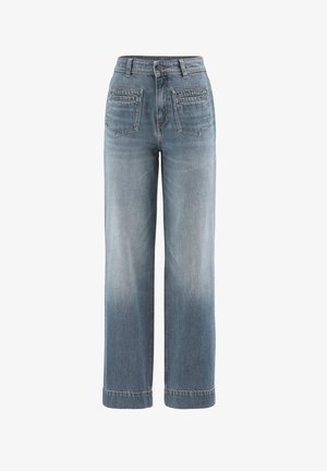 Hoog getailleerde, vaalblauwe denim jeans met wijde pijpen en rechthoekige zakken aan de voorkant, knoopsluiting en riemlussen.