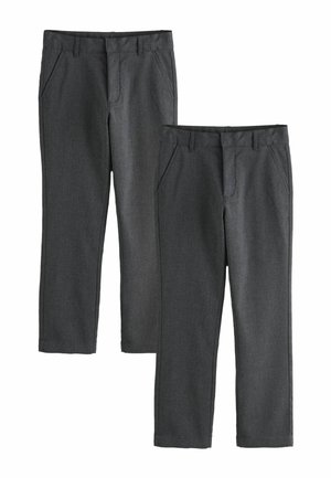 Zwei Paar dunkelgraue gerade geschnittene Hosen mit Gürtelschlaufen und Seitentaschen, flach auf weißem Hintergrund dargestellt.