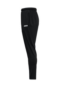 Pantalons de sport noirs en tissu léger, dotés d'une taille élastique et du logo "JAKO" en blanc sur la cuisse gauche.