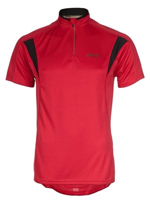 Rotes Sportshirt mit kurzen Ärmeln, schwarzen Seitenteilen, Viertel-Reißverschluss am Kragen und Asics-Logo auf der Brust.