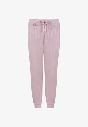 Lichtroze pyjamabroek gemaakt van zachte stof, met een taillekoord, elastische boorden en witte polkadotpatronen overal.