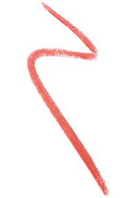 Crayon à lèvres de couleur corail avec une finition lisse et légèrement texturée, appliqué en ligne ondulée sur fond blanc.