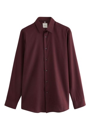 Burgundi hosszú ujjú ing sima anyagból, klasszikus gallérral, gombos elülső résszel és fekete gombokkal. Minták vagy díszítések nem láthatók.