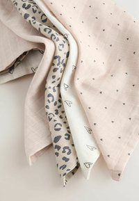 Set of four fabrics featuring varying designs: pink grid pattern, gray hearts, leopard print, and light cream with small hearts.