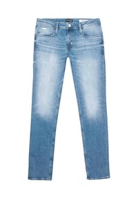 Jeans de mezclilla azul claro con corte recto. Las características incluyen cinco bolsillos, un cierre de botón y un ligero desgastado en la parte frontal.