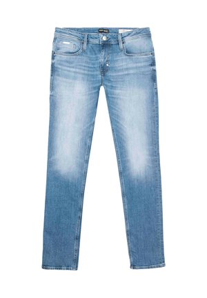Jeans de mezclilla azul claro con corte recto. Las características incluyen cinco bolsillos, un cierre de botón y un ligero desgastado en la parte frontal.