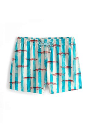 Uimashortsit, joissa on vaaleanbeige tausta, ja kuvio punaisista ja sinisistä kaloista pystysuorien turkoosien raidoitusten päällä. Sisältää joustavan vyötärön.