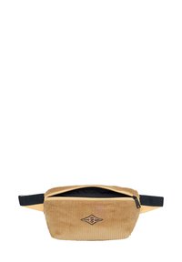 Marsupio in corda marrone con zip nera, tracolla regolabile e dettaglio del logo. Design compatto e rettangolare con superficie testurizzata.