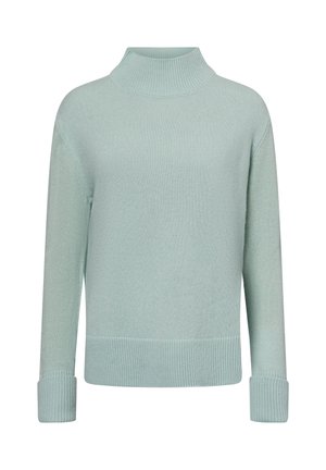 Pull tricoté bleu clair à manches longues avec un col montant côtelé et des poignets et un ourlet côtelés.