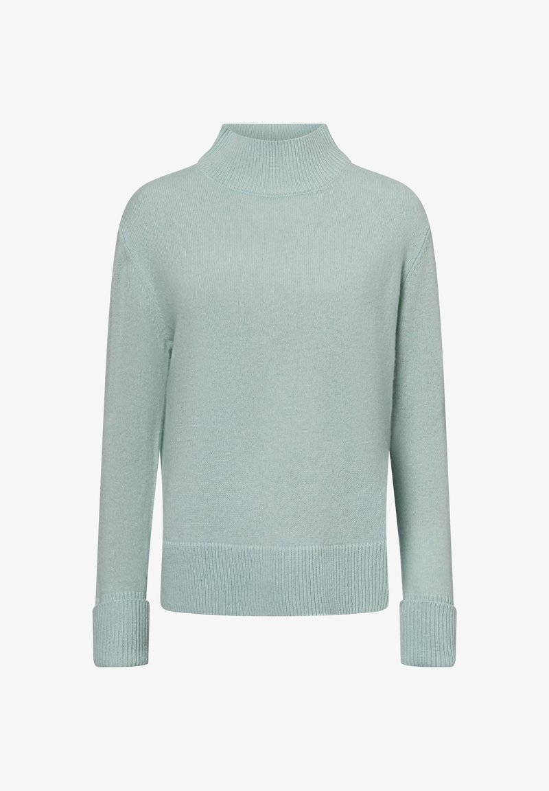 Pull tricoté bleu clair à manches longues avec un col montant côtelé et des poignets et un ourlet côtelés.