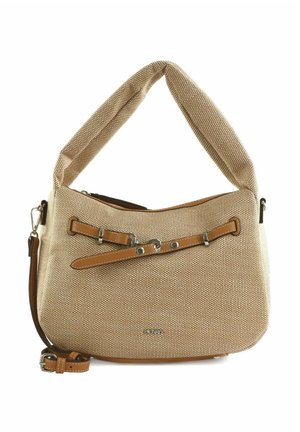 Beige textured shoulder bag with thick padded strap, decorative brown leather straps with metal clasps, and detachable thinner shoulder strap.