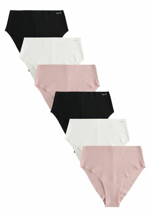 Päť párov dámskych vysokých nohavičiek v čiernej, bielej a ružovej farbe. Hladká tkanina s logom na páske.