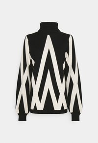 Schwarz-weißer Rollkragenpullover mit einem geometrischen Zickzackmuster, langen Ärmeln und gerippten Bündchen. Gestrickter Stoff mit einer strukturierten Oberfläche.