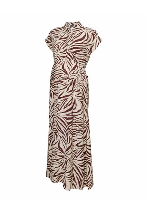 Dolga bež nosečniška obleka z rjavimi črtami zebra vzorca, kratkimi rokavi, nabranim pasom in kratkim ovratnikom z gumbi.