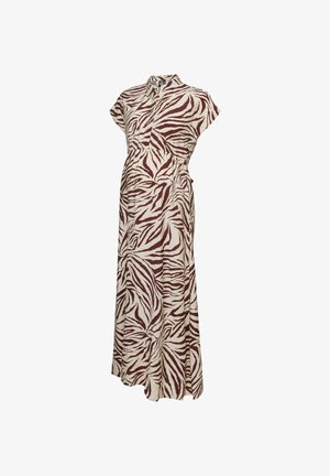 Pikk beež raseduskleit pruunide sebra triipudega, lühikeste varrukatega, kogutud vöökohaga ja lühikese nööbitava kraega.