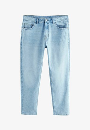 Heledad sinised denim teksad sirge lõikega, viie tasku, nööbi ja tõmbluku sulgemisega ning peene pleekimisega tekstuuri jaoks.