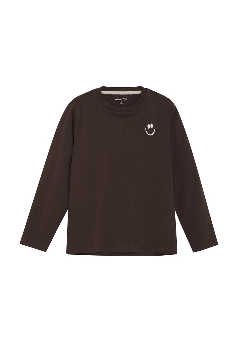 Bruine langekorte mouwen shirt van zachte stof met een kleine witte smiley gezicht graphic aan de voorkant en een ronde halslijn.
