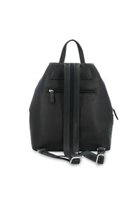 Schwarzer Leder-Rucksack mit strukturiertem Finish. Verfügt über einen oberen Griff, verstellbare Träger und mehrere Reißverschlussfächer für die Aufbewahrung.