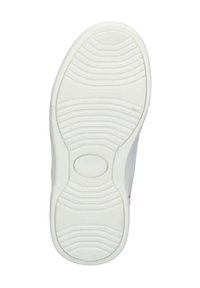 Zool van een sneaker; witte rubber met getextureerde profiel en groeven. Heeft een ronde neus en licht verhoogde randen.