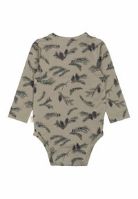 Hosszú ujjú baba body tompított zöld színben, fenyő- és fenyőtoboz mintával. Puha jersey anyagból készült, kerek nyakkivágással.