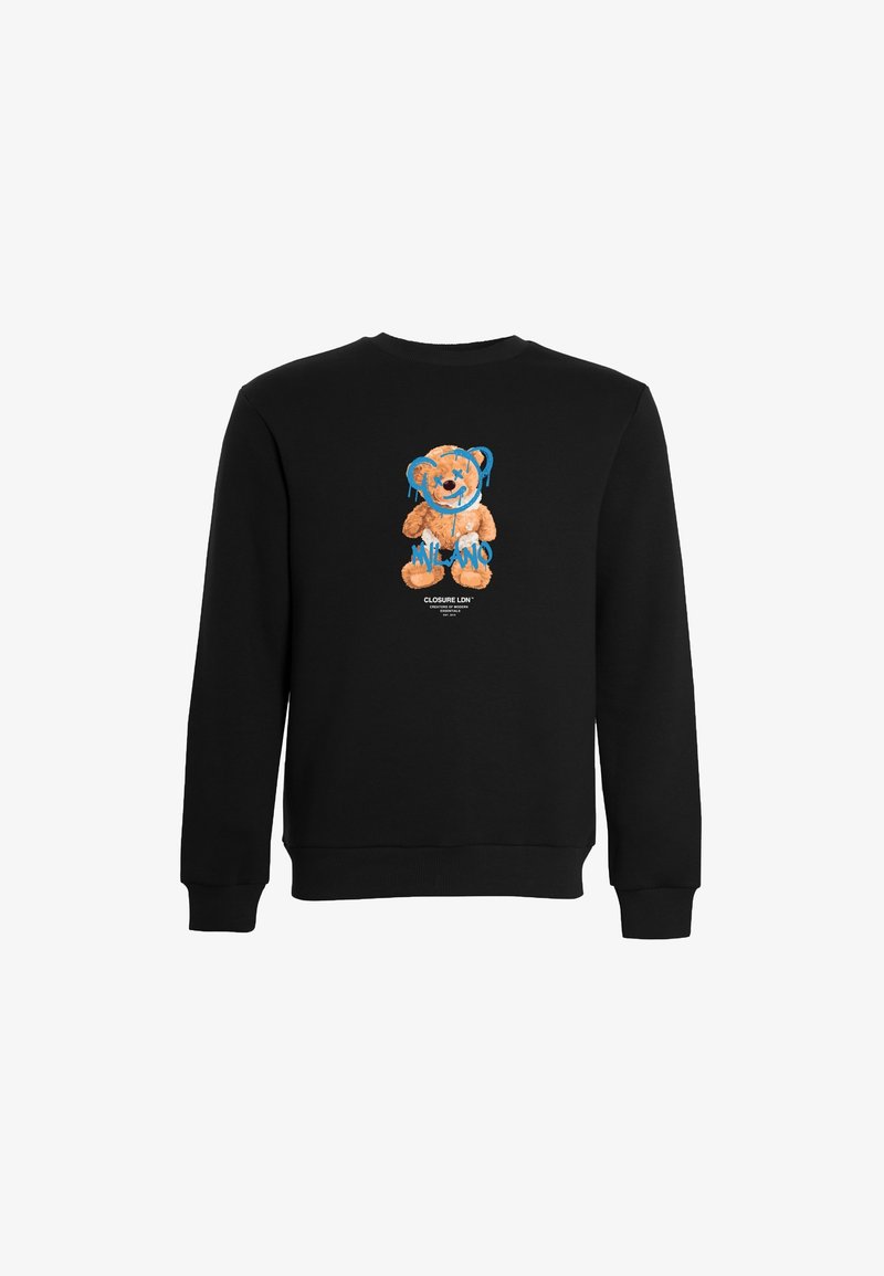Sweat-shirt noir à manches longues avec un motif d'ours en peluche barré en bleu et le mot « MILANO » écrit par-dessus au centre devant.