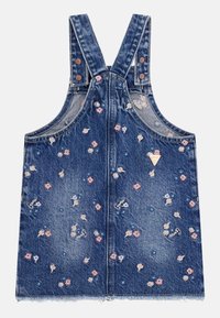 Denim overall dress, blue with floral embroidery in pink and white, featuring adjustable shoulder straps and metal buttons on the sides.