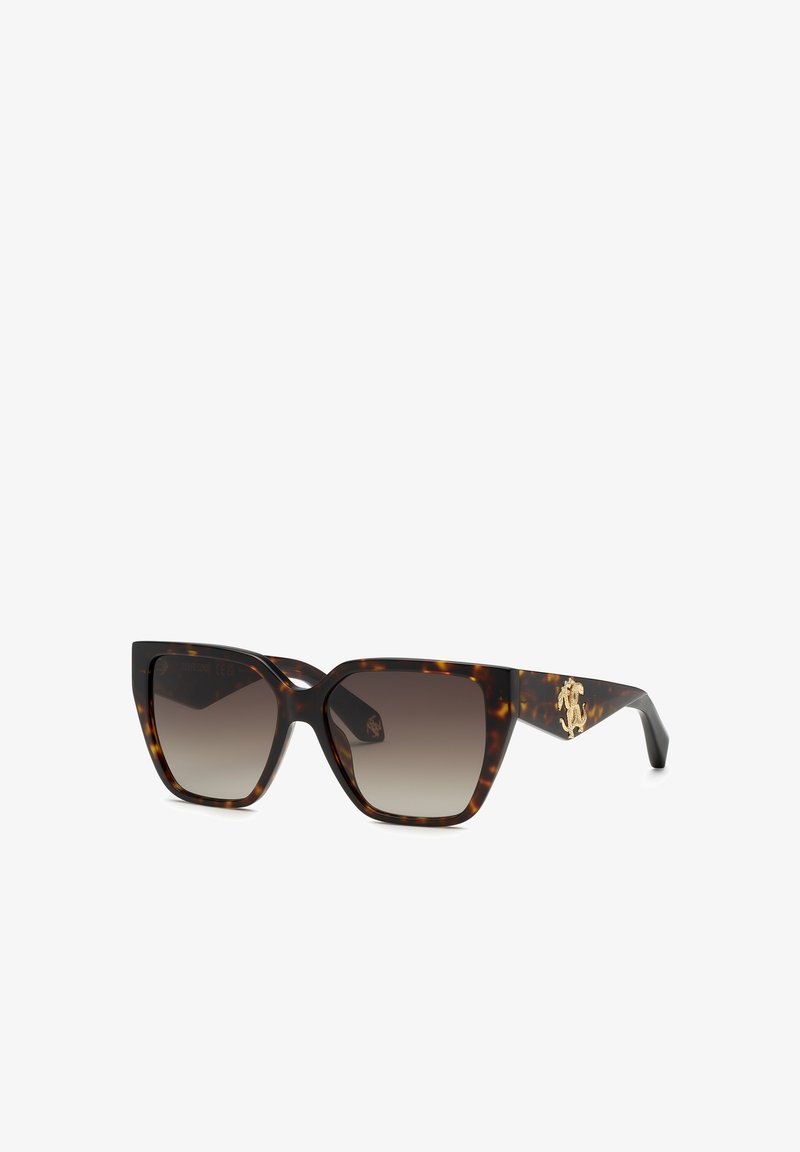 Lunettes de soleil œil de chat en écaille avec verres marron dégradés et logo décoratif doré sur la branche.
