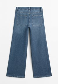 Blue denim wide-leg jeans shown from the back with two square back pockets and belt loops on the waistband.