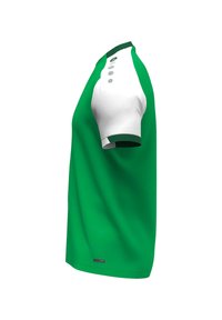 Grünes und weißes Kurzarm-Poloshirt mit gepolsterter Knopfleiste und kontrastierendem Kragen. Glatter Stoff mit modernem Schnitt.