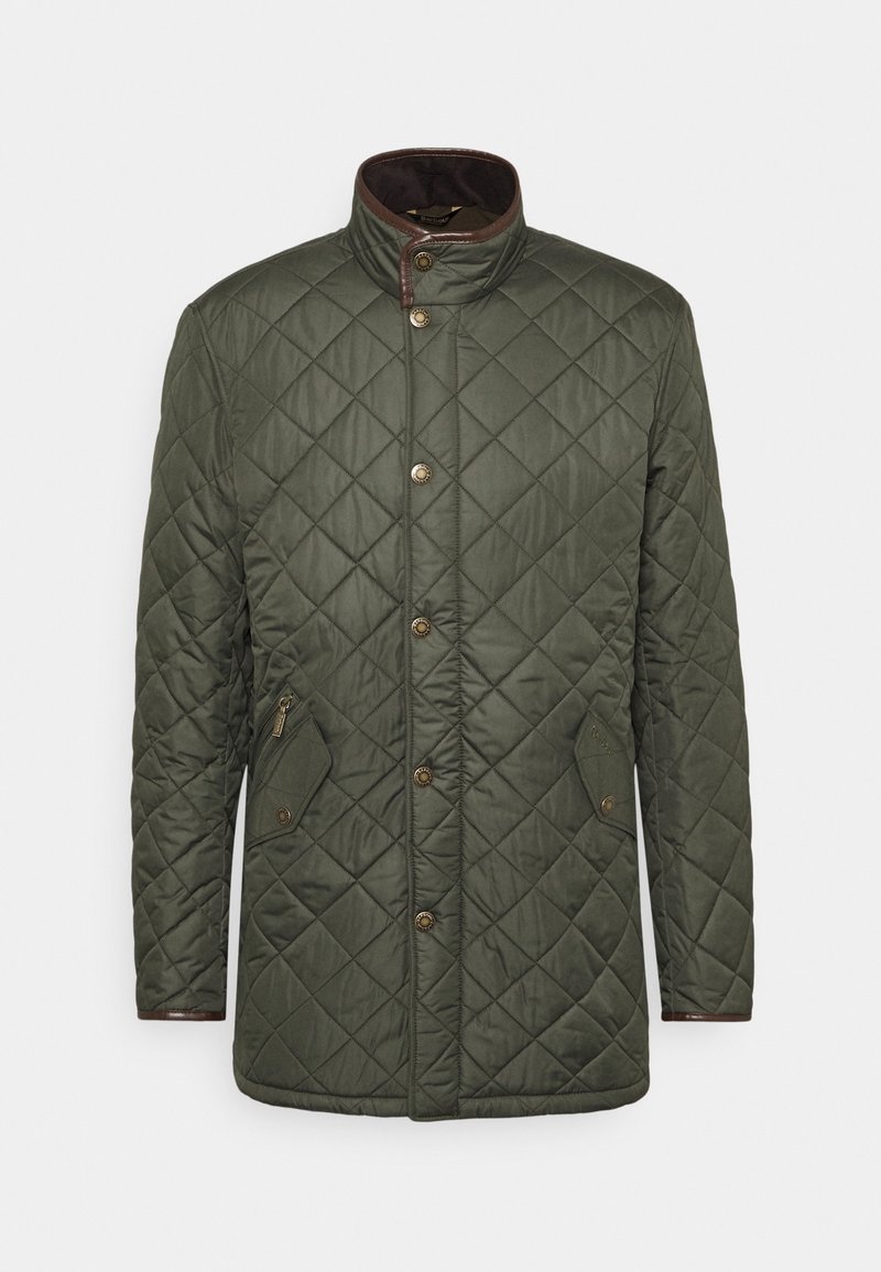 Green quilted jacket with a stand collar, brown accents, front snap buttons, and side pockets. Features a diamond pattern in the fabric.