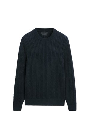 Pull à col rond en maille torsadée bleu marine avec manches longues et poignets et ourlet côtelés, en 100 % coton.