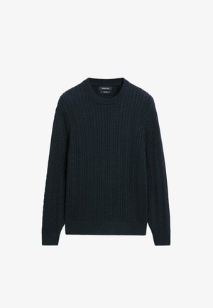 Navy blauwe kabelgebreide rondehals trui met lange mouwen en geribde manchetten en zoom, gemaakt van 100% katoen.