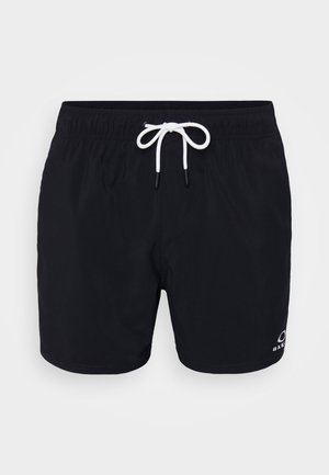 Black swim shorts with an elastic waistband, white drawstring, and a logo detail on the leg. Made of lightweight, water-resistant fabric.