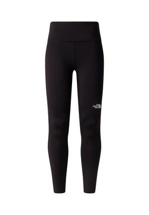 Schwarze Leggings mit hohem Bund, gefertigt aus einem glatten, dehnbaren Stoff. Ein kleines weißes Logo befindet sich am Unterschenkel.
