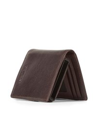 Portafoglio in pelle marrone con una texture liscia, design bifold e cuciture visibili. L'interno presenta diverse fessure per carte e un compartimento per banconote.