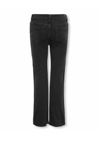 Jeans de denim negro con un diseño de pierna recta, estilo de cinco bolsillos y una textura suave. Presenta una etiqueta en la cinturilla y detalles de costura sutiles.