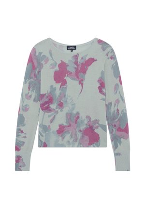 Pull à manches longues gris clair avec de grands motifs floraux roses et gris et un col rond.