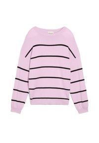 Maglione rosa con strisce orizzontali nere, caratterizzato da un ampio scollo e maniche larghe. Realizzato in un materiale morbido ed elastico.
