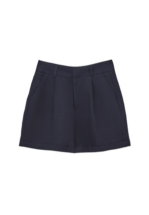 Navyblaue Leinen-Shorts mit einem maßgeschneiderten Design, featuring Vorderfalten, Seitentaschen und einem Saum, der auf Oberschenkelhöhe sitzt.