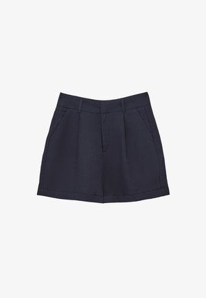 Marineblå linnedshorts med skræddersyet design, der har forklarvning, sidelommer og en kant, der sidder midt på låret.