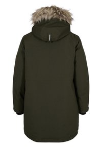 Parka en verde oscuro con capucha adornada con pelo sintético, mangas largas y puños acanalados. Textura suave, diseño de longitud media y costuras selladas.