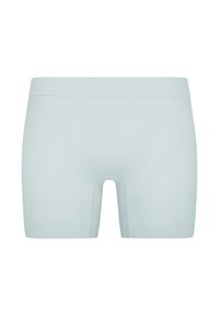 Boxer briefs azzurri chiari, senza cuciture, con un ampio elastico in vita e lunghezza fino a metà coscia, esposti su uno sfondo bianco.