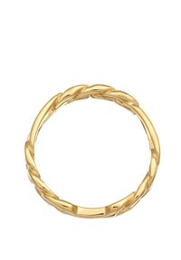 Goldener, verdrehter Ring mit abgerundetem Design, der strukturierte Glieder in einem kontinuierlichen Geflechtmuster aufweist, eine glatte Innenseite und eine polierte Oberfläche.
