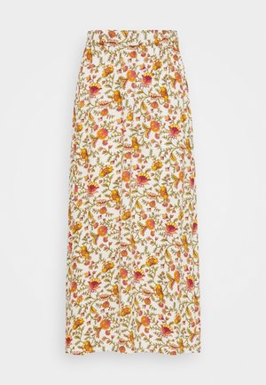 Long white skirt with an elastic waistband, covered in a colorful floral pattern featuring pink, yellow, and orange flowers with green vines.